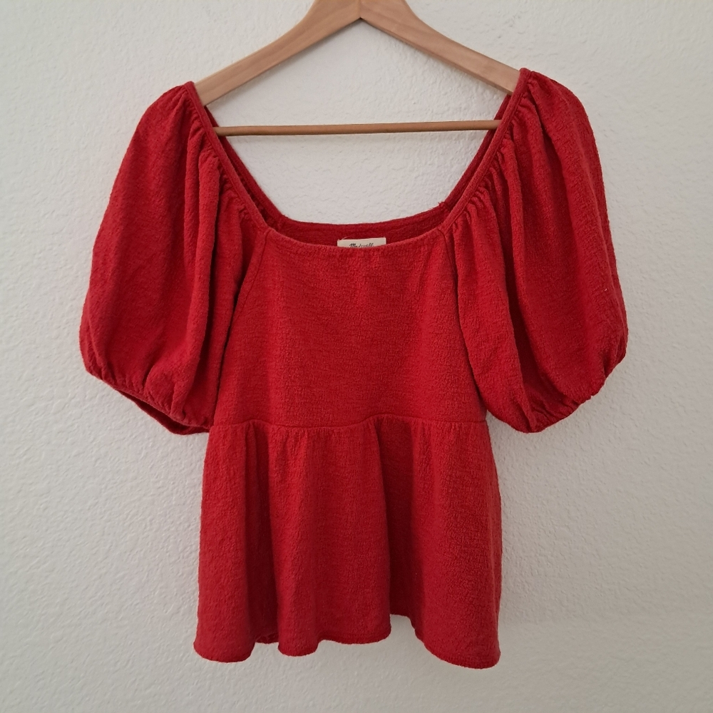 Madewell Top Puff Sleeve Square Neckline Empire Waist Top Red Size Small